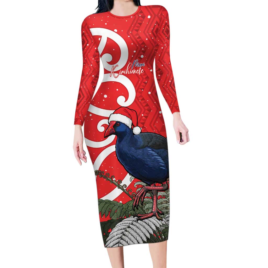 Personalized New Zealand Pukeko Christmas Family Matching Long Sleeve Bodycon Dress and Hawaiian Shirt Meri Kirihimete Taniko Ponga Koru Red LT14 Mom's Dress Red - Polynesian Pride