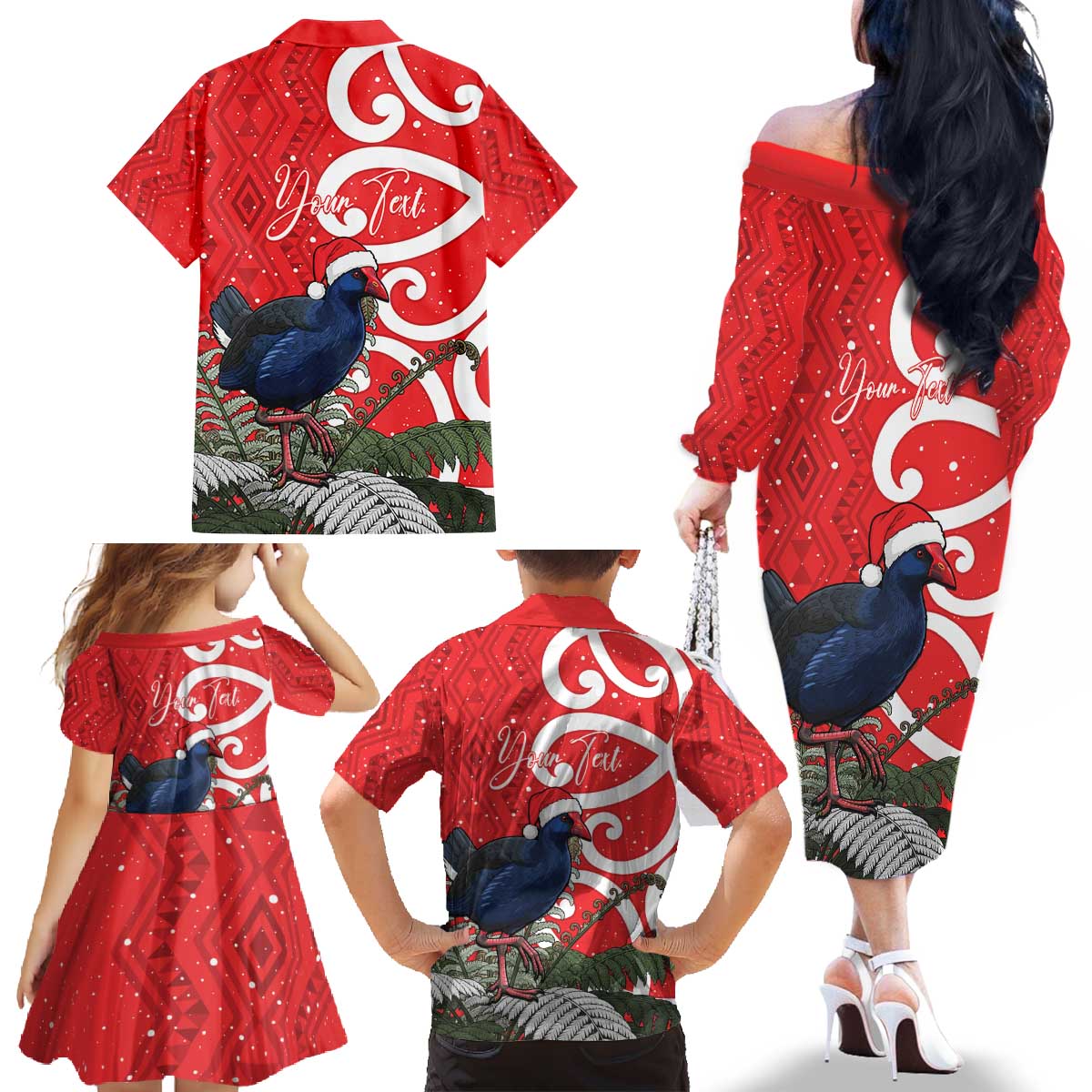 Personalized New Zealand Pukeko Christmas Family Matching Off The Shoulder Long Sleeve Dress and Hawaiian Shirt Meri Kirihimete Taniko Ponga Koru Red - Polynesian Pride