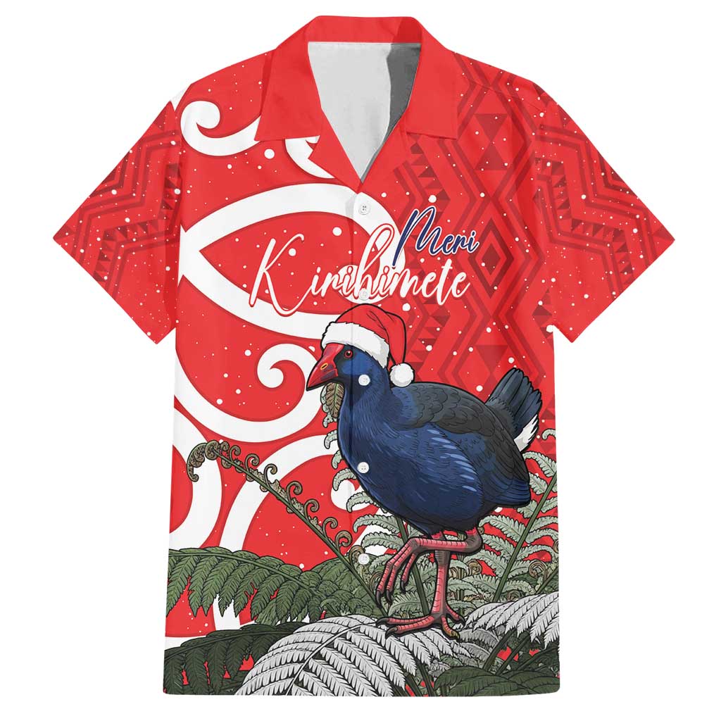 Personalized New Zealand Pukeko Christmas Family Matching Off Shoulder Maxi Dress and Hawaiian Shirt Meri Kirihimete Taniko Ponga Koru Red LT14 Dad's Shirt - Short Sleeve Red - Polynesian Pride