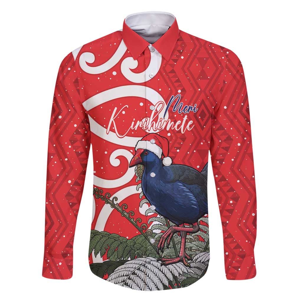 Personalized New Zealand Pukeko Christmas Family Matching Off Shoulder Maxi Dress and Hawaiian Shirt Meri Kirihimete Taniko Ponga Koru Red LT14 Dad's Shirt - Long Sleeve Red - Polynesian Pride