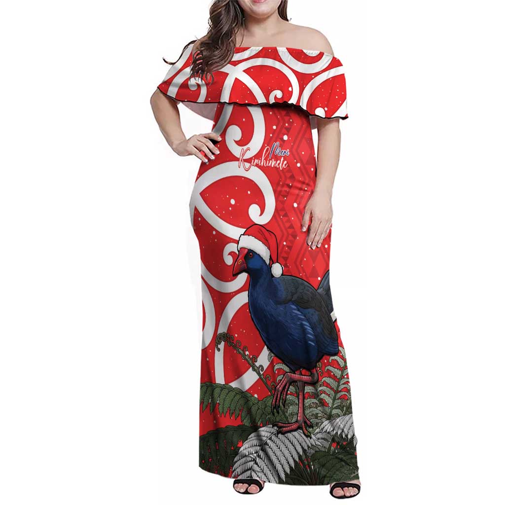 Personalized New Zealand Pukeko Christmas Family Matching Off Shoulder Maxi Dress and Hawaiian Shirt Meri Kirihimete Taniko Ponga Koru Red LT14 Mom's Dress Red - Polynesian Pride