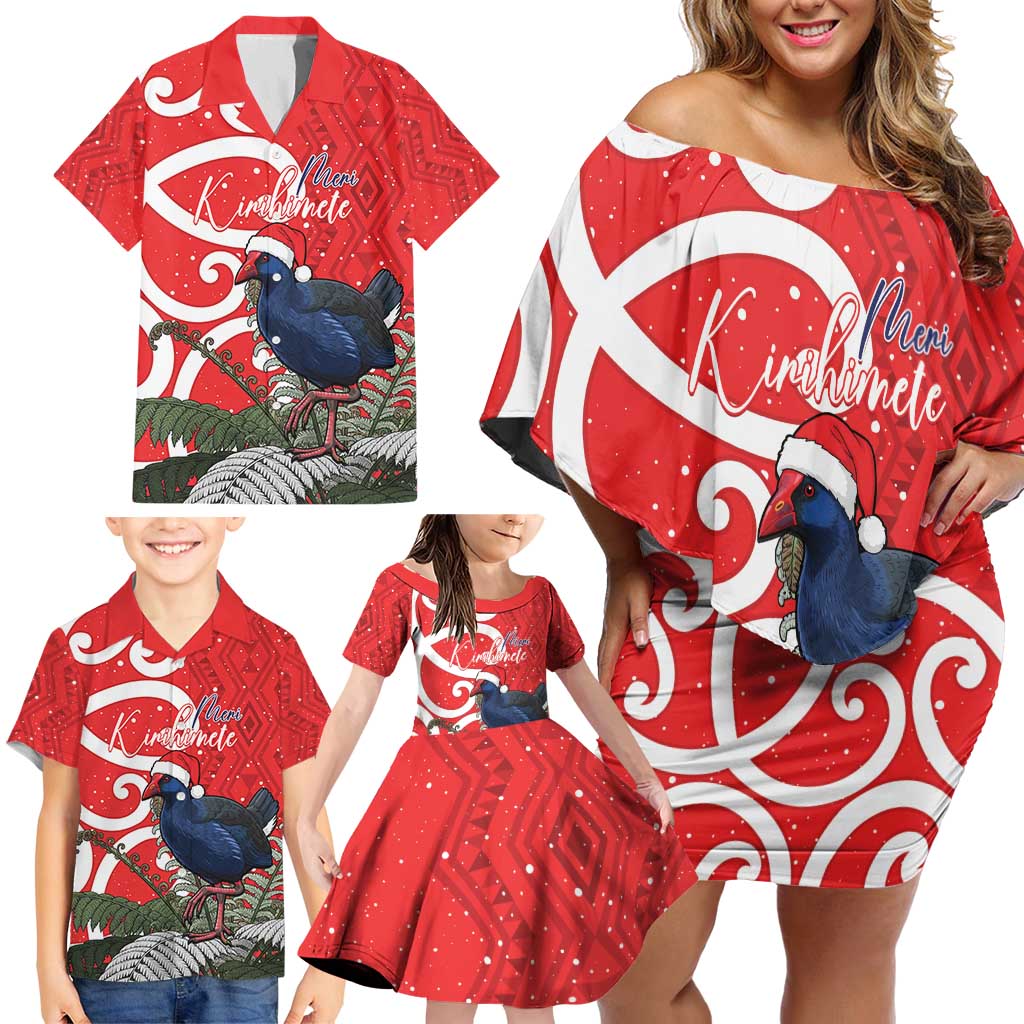 Personalized New Zealand Pukeko Christmas Family Matching Off Shoulder Short Dress and Hawaiian Shirt Meri Kirihimete Taniko Ponga Koru Red LT14 - Polynesian Pride