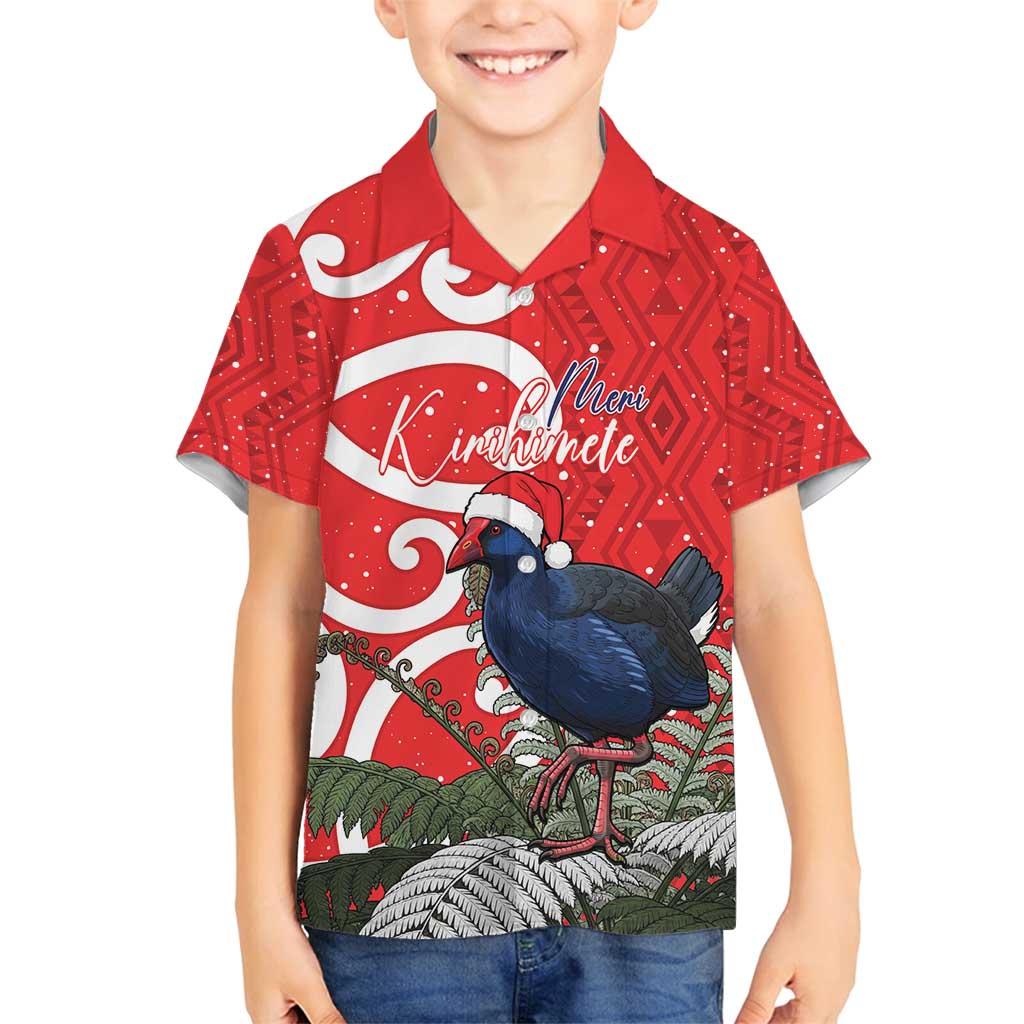 Personalized New Zealand Pukeko Christmas Family Matching Off Shoulder Short Dress and Hawaiian Shirt Meri Kirihimete Taniko Ponga Koru Red LT14 Son's Shirt Red - Polynesian Pride