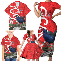 Personalized New Zealand Pukeko Christmas Family Matching Short Sleeve Bodycon Dress and Hawaiian Shirt Meri Kirihimete Taniko Ponga Koru Red LT14 - Polynesian Pride