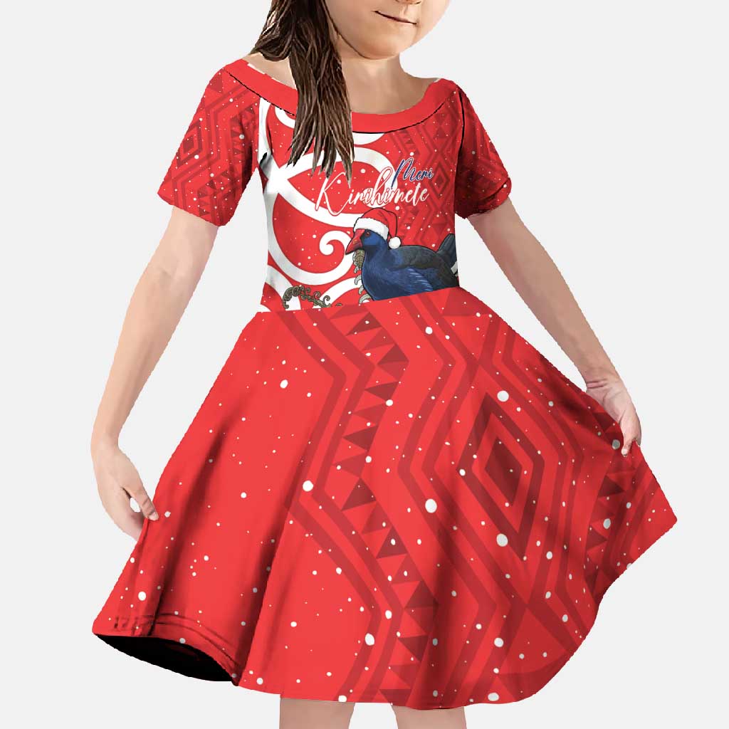 Personalized New Zealand Pukeko Christmas Family Matching Summer Maxi Dress and Hawaiian Shirt Meri Kirihimete Taniko Ponga Koru Red LT14 Daughter's Dress Red - Polynesian Pride