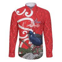 Personalized New Zealand Pukeko Christmas Family Matching Summer Maxi Dress and Hawaiian Shirt Meri Kirihimete Taniko Ponga Koru Red LT14 Dad's Shirt - Long Sleeve Red - Polynesian Pride