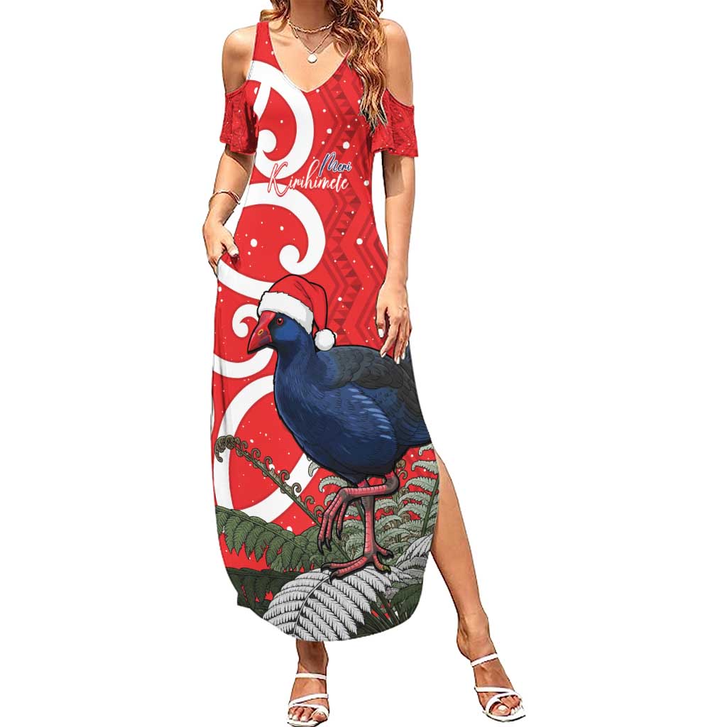 Personalized New Zealand Pukeko Christmas Family Matching Summer Maxi Dress and Hawaiian Shirt Meri Kirihimete Taniko Ponga Koru Red LT14 Mom's Dress Red - Polynesian Pride