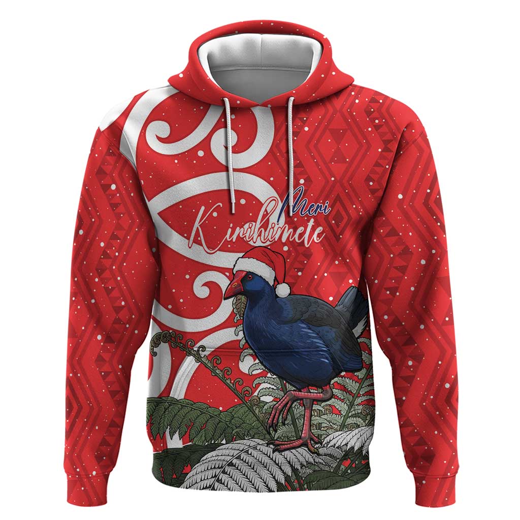 Personalized New Zealand Pukeko Christmas Hoodie Meri Kirihimete Taniko Ponga Koru Red - Polynesian Pride