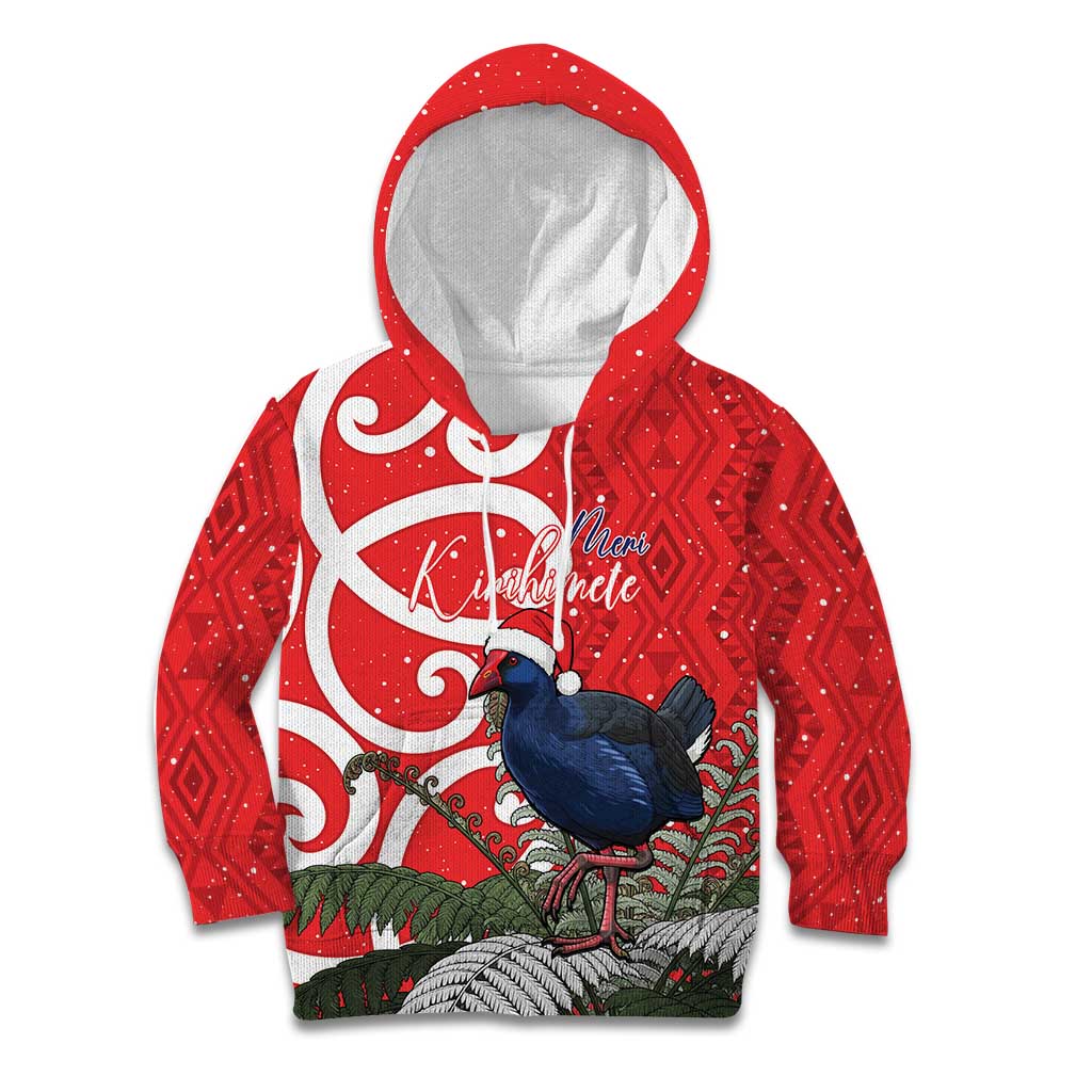 Personalized New Zealand Pukeko Christmas Kid Hoodie Meri Kirihimete Taniko Ponga Koru Red - Polynesian Pride