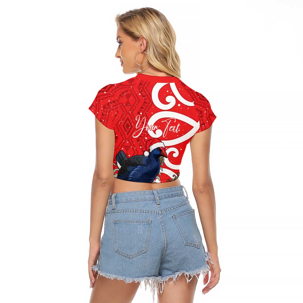 Personalized New Zealand Pukeko Christmas Raglan Cropped T Shirt Meri Kirihimete Taniko Ponga Koru Red - Polynesian Pride