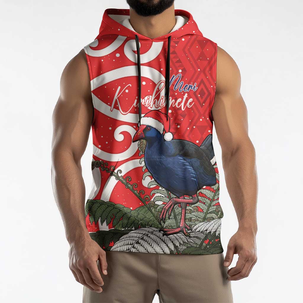 Personalized New Zealand Pukeko Christmas Sleeveless Hoodie Meri Kirihimete Taniko Ponga Koru Red - Polynesian Pride