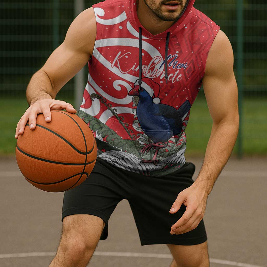 Personalized New Zealand Pukeko Christmas Sleeveless Hoodie Meri Kirihimete Taniko Ponga Koru Red - Polynesian Pride