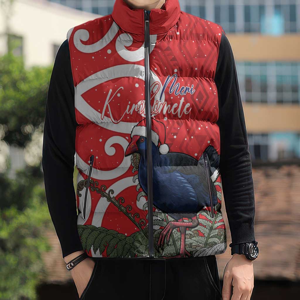 Personalized New Zealand Pukeko Christmas Sleeveless Puffer Jacket Meri Kirihimete Taniko Ponga Koru Red - Polynesian Pride