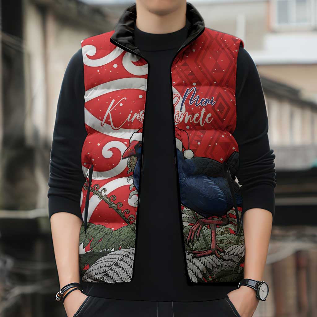 Personalized New Zealand Pukeko Christmas Sleeveless Puffer Jacket Meri Kirihimete Taniko Ponga Koru Red - Polynesian Pride