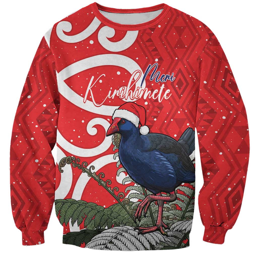 Personalized New Zealand Pukeko Christmas Sweatshirt Meri Kirihimete Taniko Ponga Koru Red - Polynesian Pride