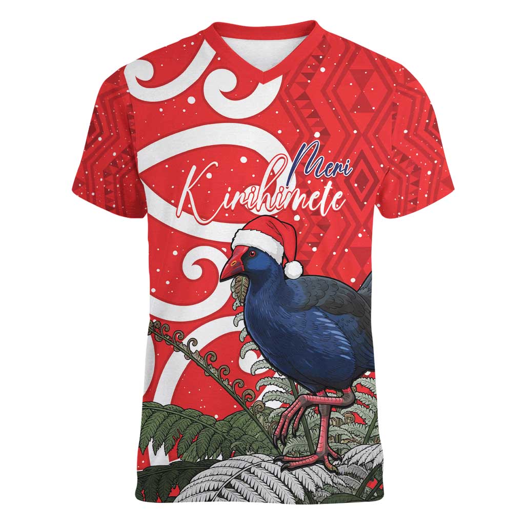 Personalized New Zealand Pukeko Christmas Women V-Neck T-Shirt Meri Kirihimete Taniko Ponga Koru Red LT14 Female Red - Polynesian Pride