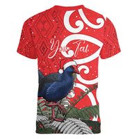 Personalized New Zealand Pukeko Christmas Women V-Neck T-Shirt Meri Kirihimete Taniko Ponga Koru Red LT14 - Polynesian Pride