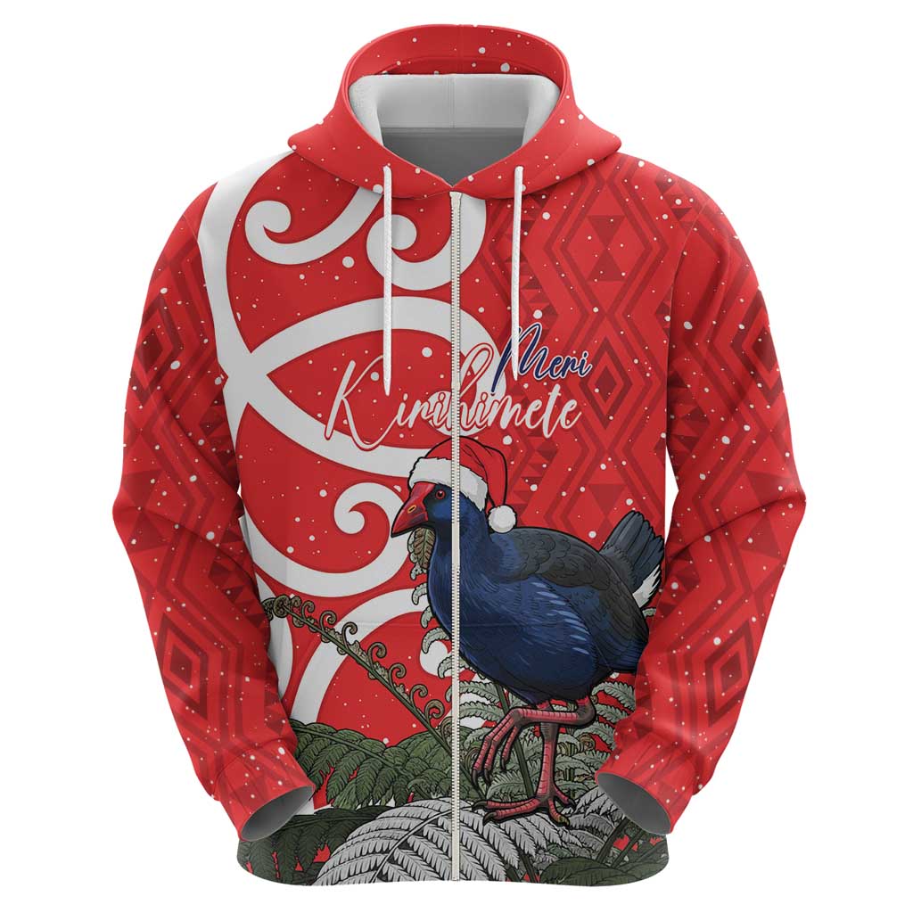 Personalized New Zealand Pukeko Christmas Zip Hoodie Meri Kirihimete Taniko Ponga Koru Red - Polynesian Pride