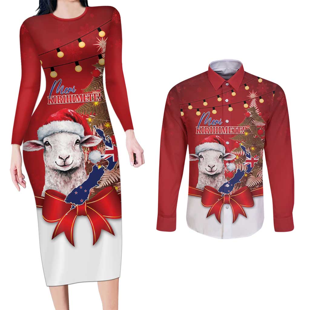Personalized New Zealand Sheep Christmas Couples Matching Long Sleeve Bodycon Dress and Long Sleeve Button Shirt Hipi Meri Kirihimete Silver Fern Xmas Tree - Polynesian Pride