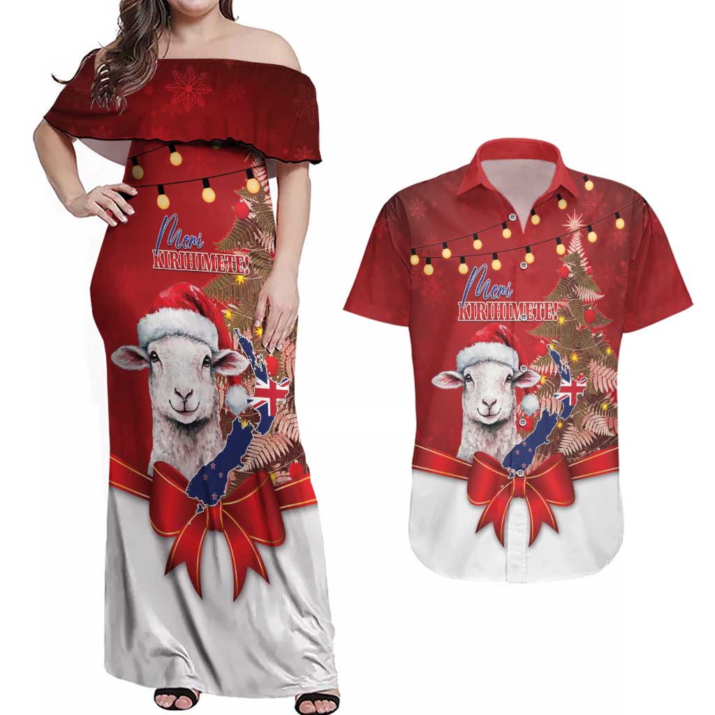 Personalized New Zealand Sheep Christmas Couples Matching Off Shoulder Maxi Dress and Hawaiian Shirt Hipi Meri Kirihimete Silver Fern Xmas Tree LT14 Red - Polynesian Pride