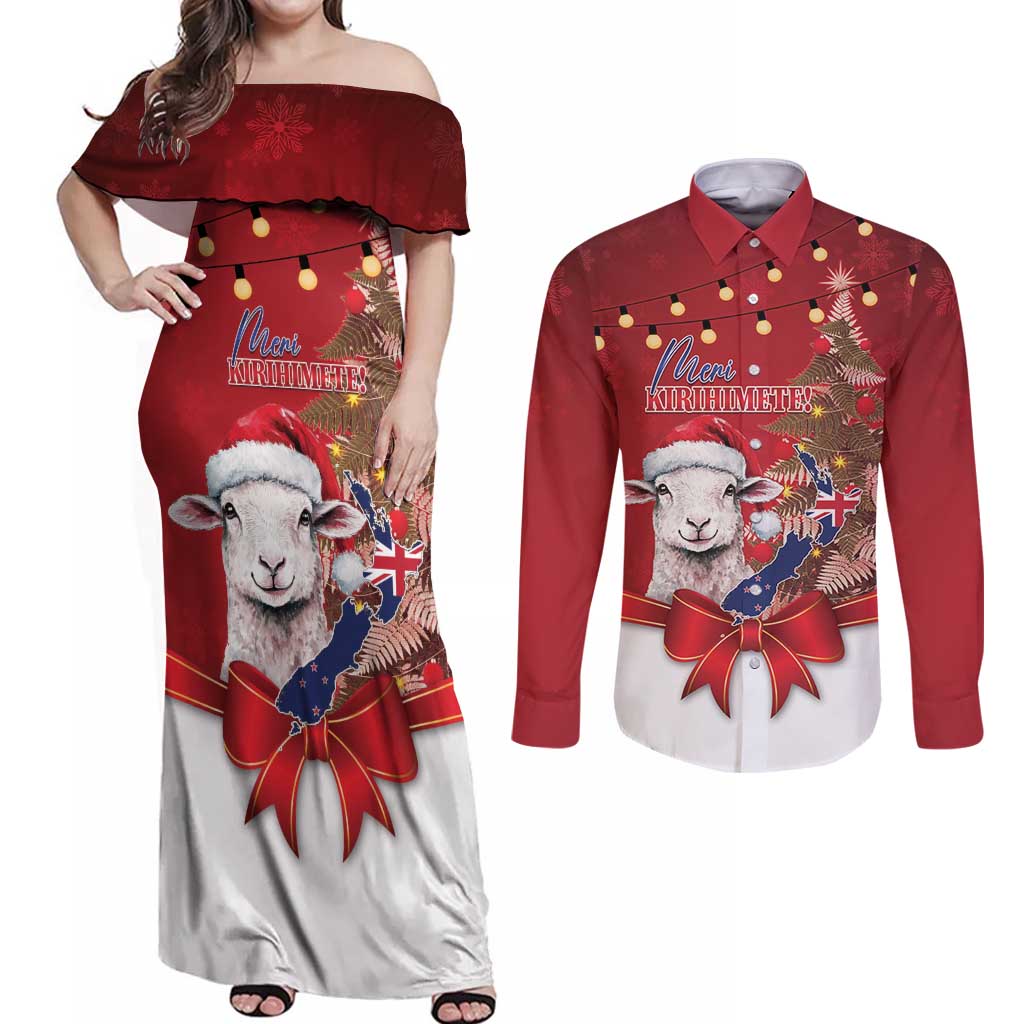 Personalized New Zealand Sheep Christmas Couples Matching Off Shoulder Maxi Dress and Long Sleeve Button Shirt Hipi Meri Kirihimete Silver Fern Xmas Tree - Polynesian Pride