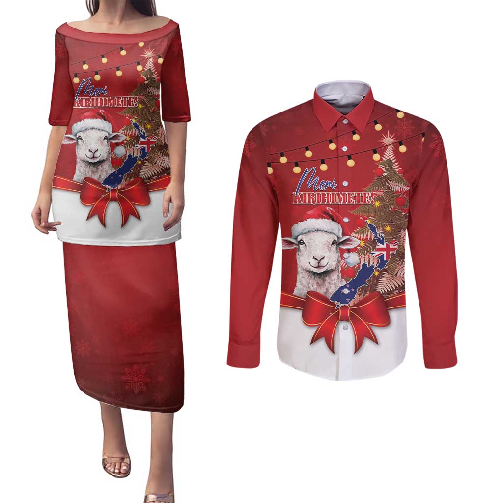 Personalized New Zealand Sheep Christmas Couples Matching Puletasi and Long Sleeve Button Shirt Hipi Meri Kirihimete Silver Fern Xmas Tree - Polynesian Pride