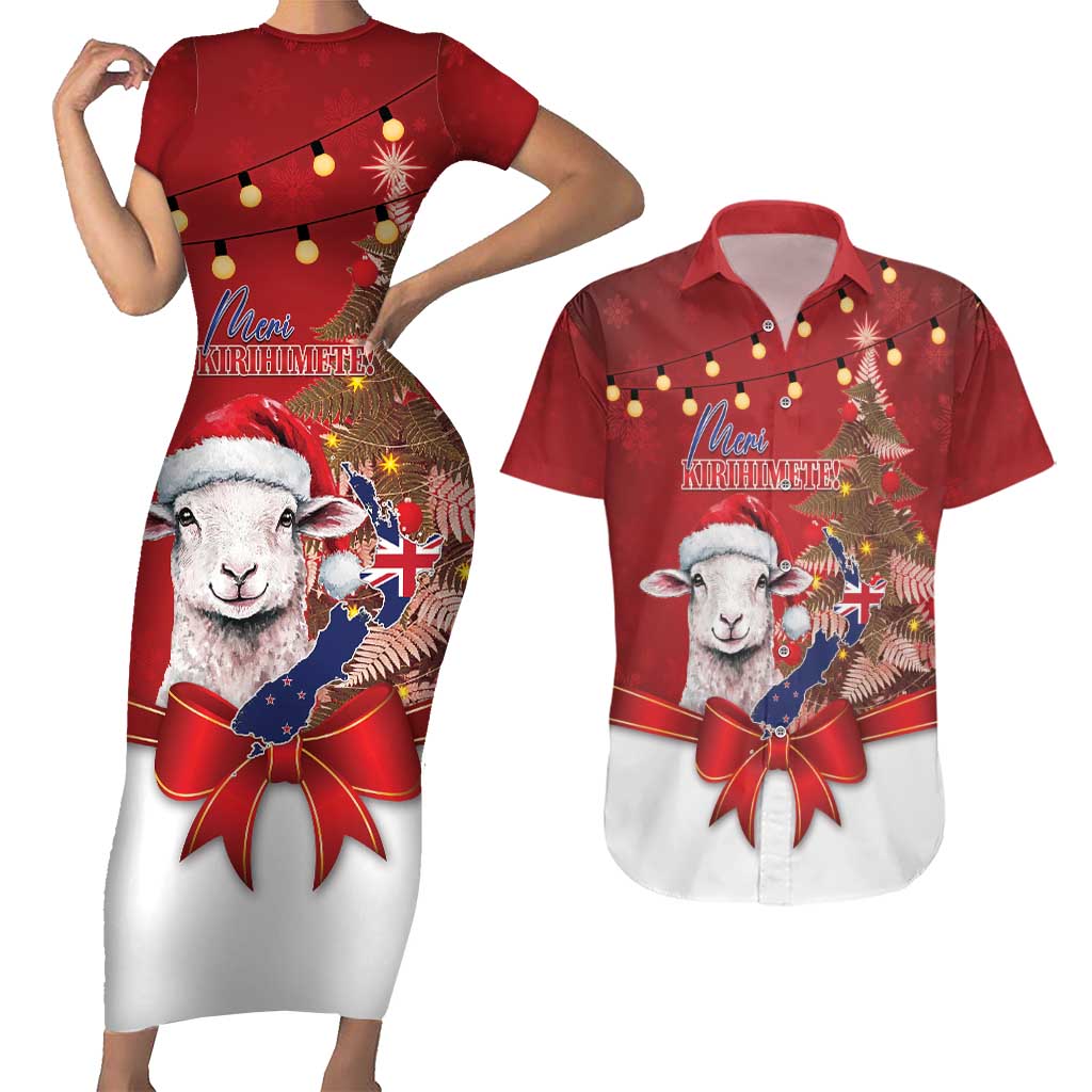 Personalized New Zealand Sheep Christmas Couples Matching Short Sleeve Bodycon Dress and Hawaiian Shirt Hipi Meri Kirihimete Silver Fern Xmas Tree - Polynesian Pride