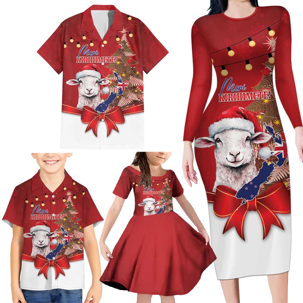 Personalized New Zealand Sheep Christmas Family Matching Long Sleeve Bodycon Dress and Hawaiian Shirt Hipi Meri Kirihimete Silver Fern Xmas Tree - Polynesian Pride