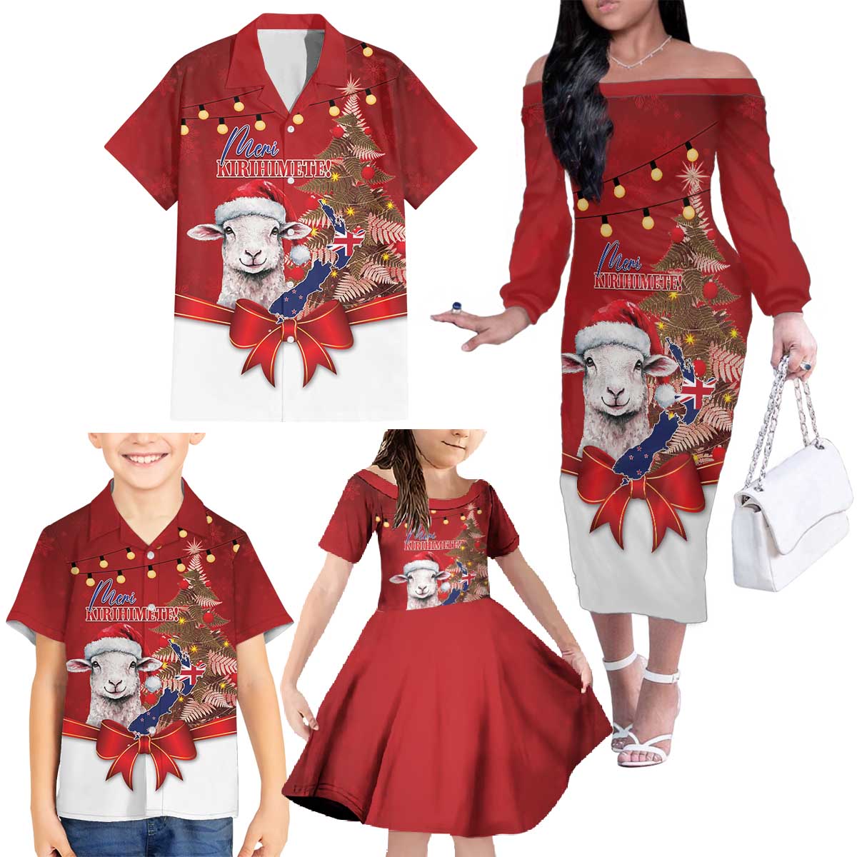 Personalized New Zealand Sheep Christmas Family Matching Off The Shoulder Long Sleeve Dress and Hawaiian Shirt Hipi Meri Kirihimete Silver Fern Xmas Tree LT14 - Polynesian Pride