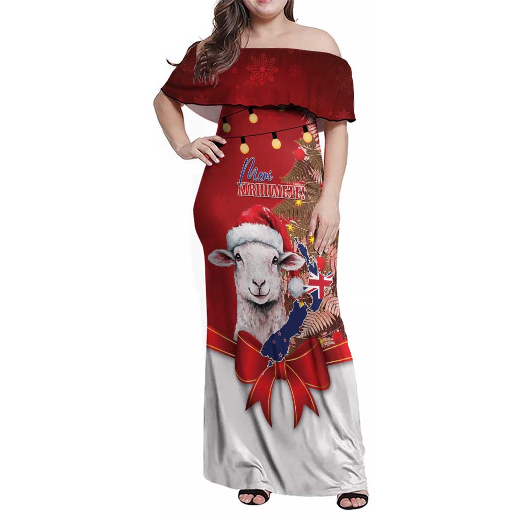 Personalized New Zealand Sheep Christmas Family Matching Off Shoulder Maxi Dress and Hawaiian Shirt Hipi Meri Kirihimete Silver Fern Xmas Tree LT14 Mom's Dress Red - Polynesian Pride