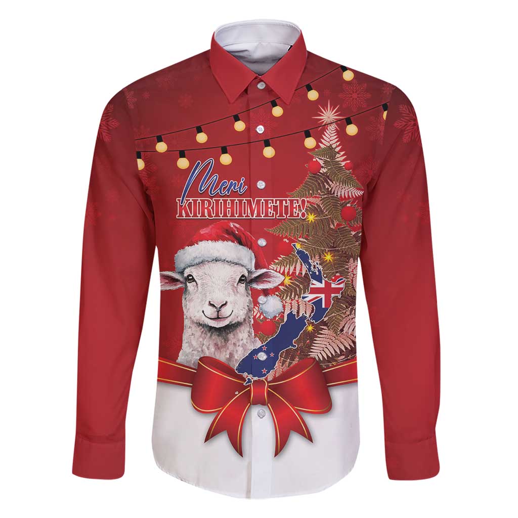 Personalized New Zealand Sheep Christmas Family Matching Off Shoulder Short Dress and Hawaiian Shirt Hipi Meri Kirihimete Silver Fern Xmas Tree LT14 Dad's Shirt - Long Sleeve Red - Polynesian Pride