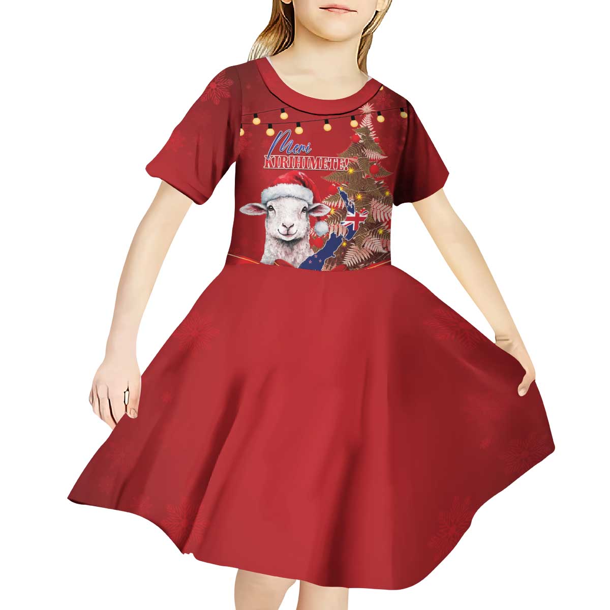 Personalized New Zealand Sheep Christmas Kid Short Sleeve Dress Hipi Meri Kirihimete Silver Fern Xmas Tree LT14 - Polynesian Pride