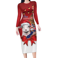 Personalized New Zealand Sheep Christmas Long Sleeve Bodycon Dress Hipi Meri Kirihimete Silver Fern Xmas Tree LT14 Long Dress Red - Polynesian Pride