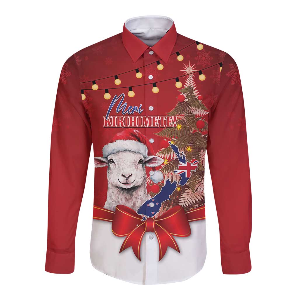 Personalized New Zealand Sheep Christmas Long Sleeve Button Shirt Hipi Meri Kirihimete Silver Fern Xmas Tree - Polynesian Pride
