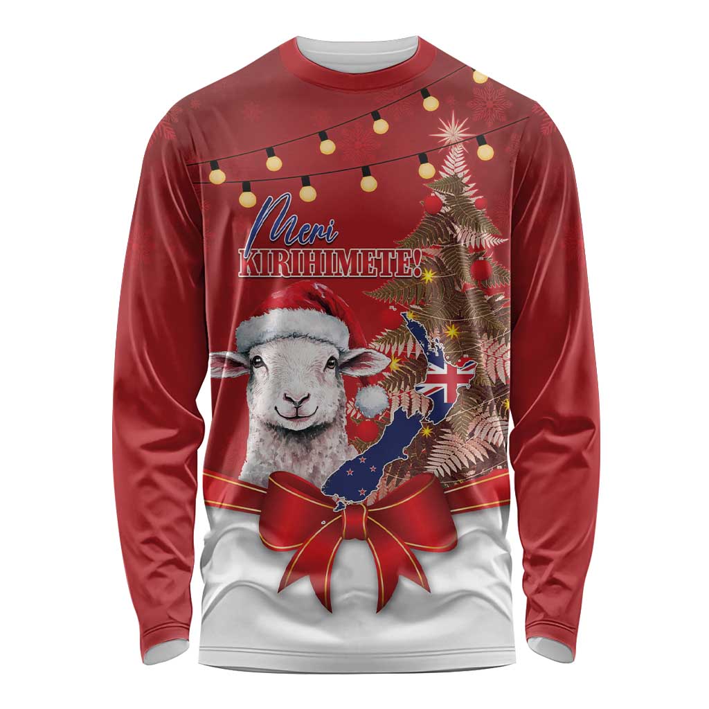 Personalized New Zealand Sheep Christmas Long Sleeve Shirt Hipi Meri Kirihimete Silver Fern Xmas Tree - Polynesian Pride