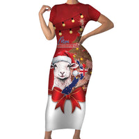 Personalized New Zealand Sheep Christmas Short Sleeve Bodycon Dress Hipi Meri Kirihimete Silver Fern Xmas Tree LT14 Long Dress Red - Polynesian Pride
