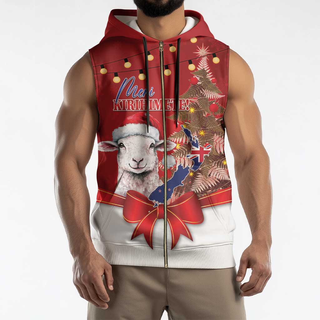 Personalized New Zealand Sheep Christmas Sleeveless Zip Hoodie Hipi Meri Kirihimete Silver Fern Xmas Tree - Polynesian Pride