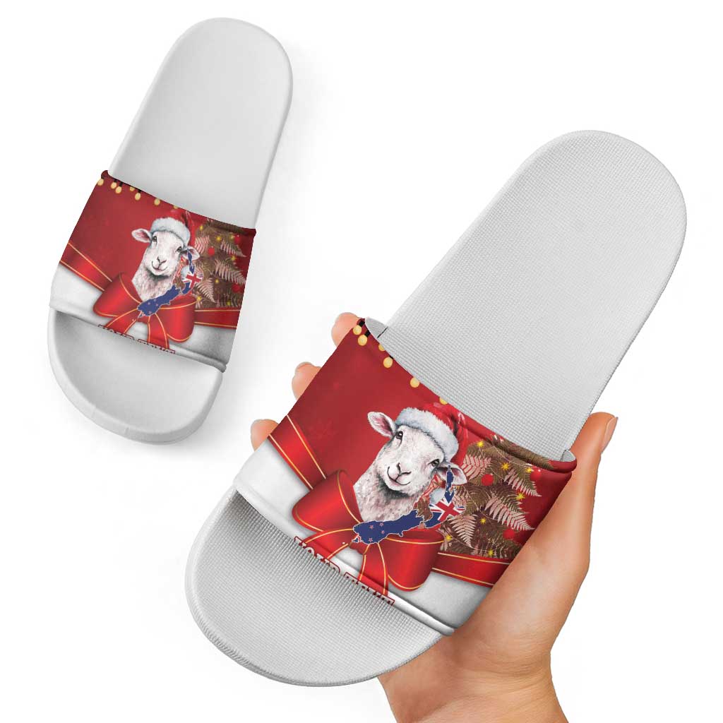 Personalized New Zealand Sheep Christmas Slide Sandals Hipi Meri Kirihimete Silver Fern Xmas Tree - Polynesian Pride