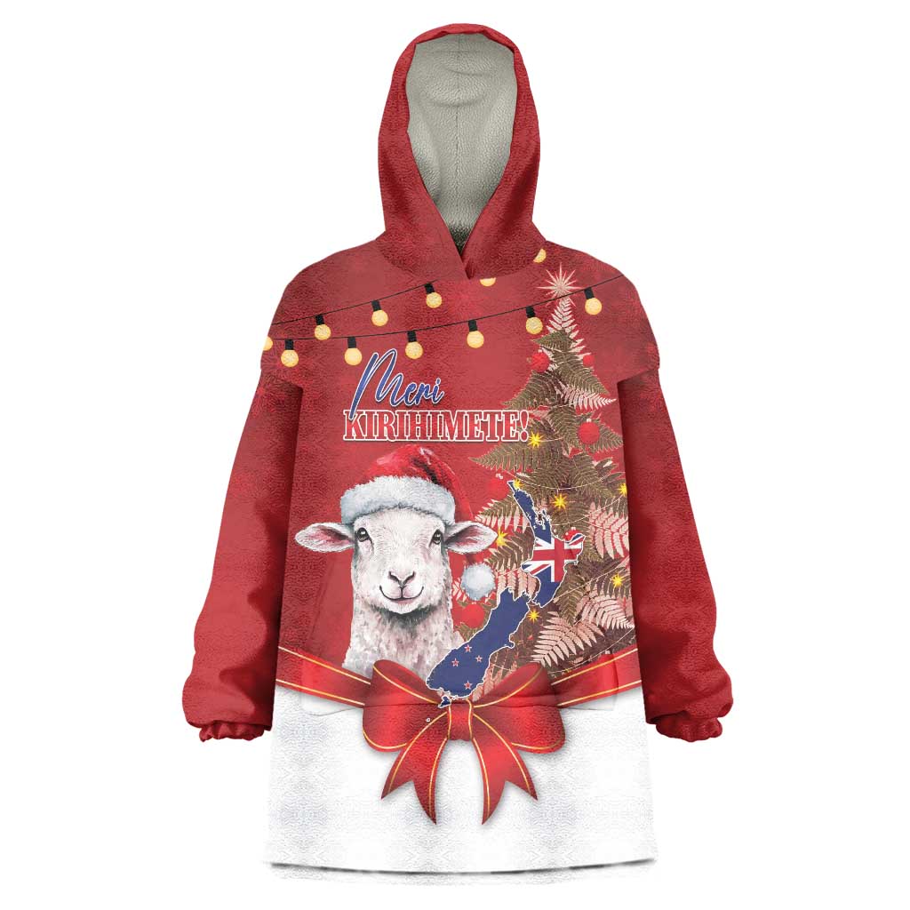 Personalized New Zealand Sheep Christmas Wearable Blanket Hoodie Hipi Meri Kirihimete Silver Fern Xmas Tree LT14 One Size Red - Polynesian Pride