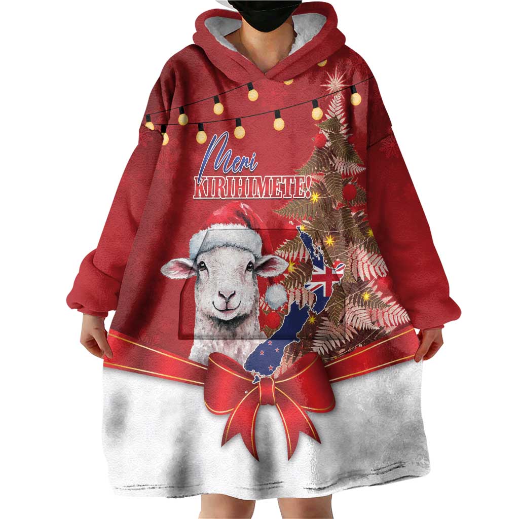 Personalized New Zealand Sheep Christmas Wearable Blanket Hoodie Hipi Meri Kirihimete Silver Fern Xmas Tree LT14 - Polynesian Pride