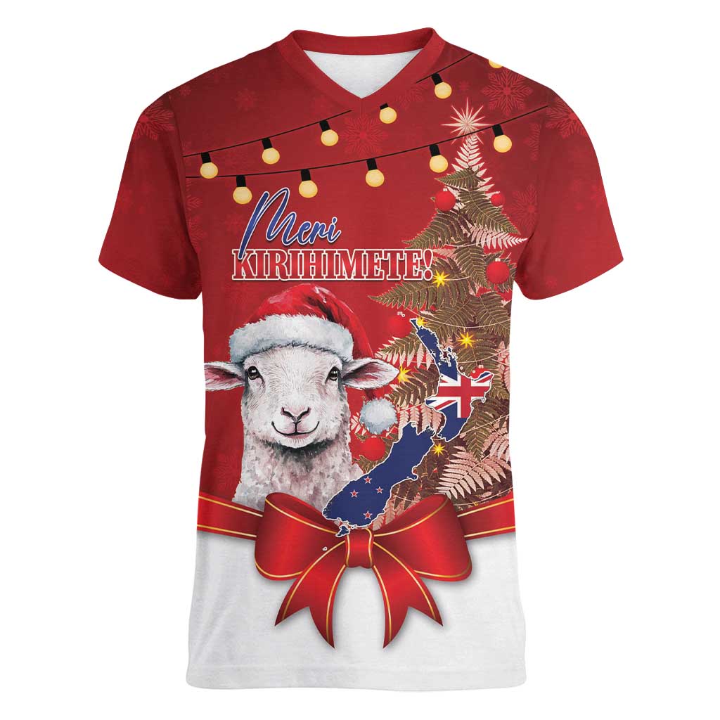 Personalized New Zealand Sheep Christmas Women V-Neck T-Shirt Hipi Meri Kirihimete Silver Fern Xmas Tree LT14 Female Red - Polynesian Pride