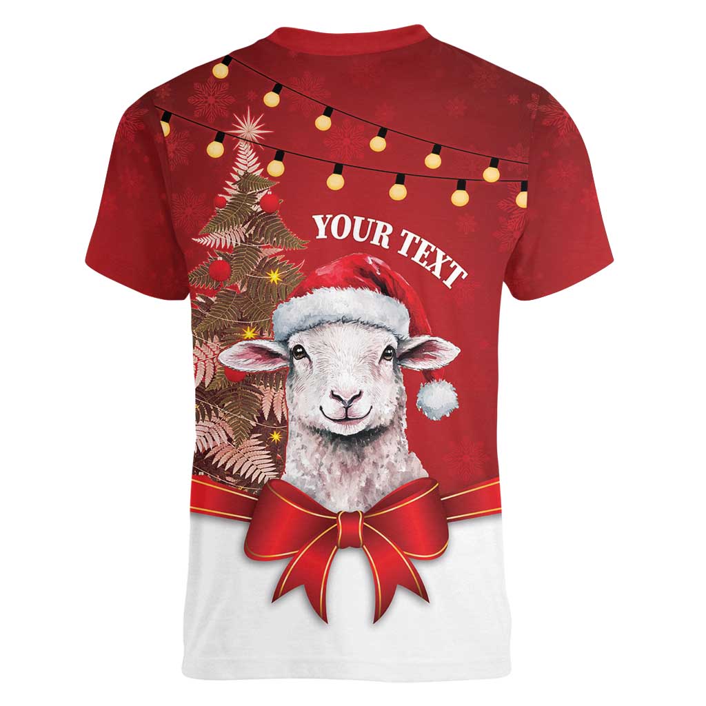 Personalized New Zealand Sheep Christmas Women V-Neck T-Shirt Hipi Meri Kirihimete Silver Fern Xmas Tree LT14 - Polynesian Pride