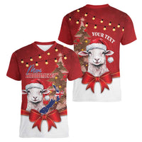 Personalized New Zealand Sheep Christmas Women V-Neck T-Shirt Hipi Meri Kirihimete Silver Fern Xmas Tree LT14 - Polynesian Pride