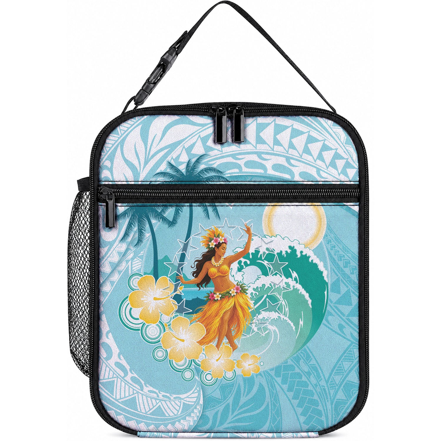 Ura Cook Islands Lunch Bag Kuki 'Airani Traditional Dance Tropical Vibes LT14 10.2 × 8.3 × 4.3 inch Cyan - Polynesian Pride