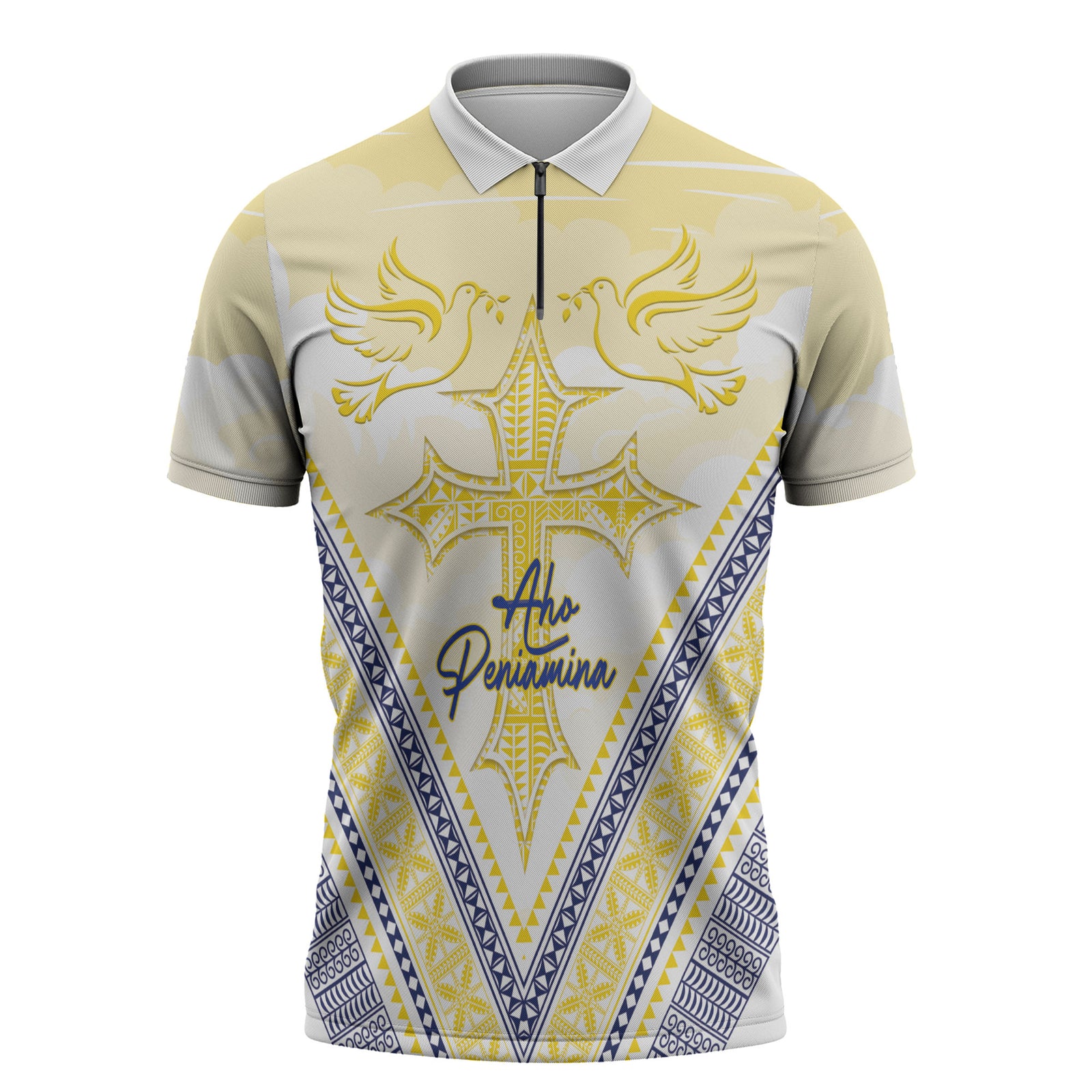 Peniamina Gospel Day Niue Zipper Polo Shirt Cross Dove Hiapo Pattern Yellow LT14 Yellow - Polynesian Pride