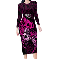 Polynesia Breast Cancer Awareness Family Matching Long Sleeve Bodycon Dress and Hawaiian Shirt Think Pink Polynesian Ribbon Black Version LT14 Mom's Dress Pink - Polynesian Pride