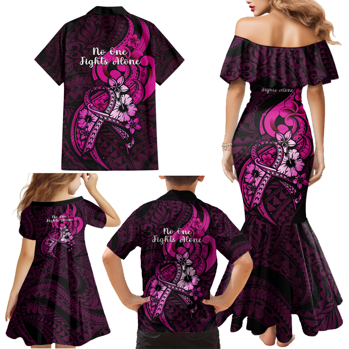Polynesia Breast Cancer Awareness Family Matching Mermaid Dress and Hawaiian Shirt Think Pink Polynesian Ribbon Black Version LT14 - Polynesian Pride