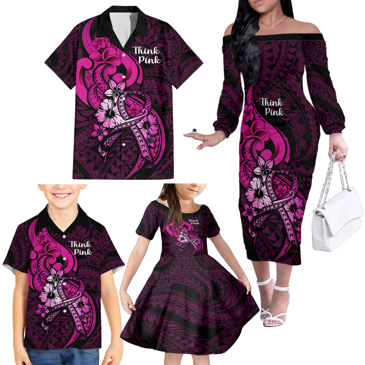 Polynesia Breast Cancer Awareness Family Matching Off Shoulder Long Sleeve Dress and Hawaiian Shirt Think Pink Polynesian Ribbon Black Version LT14 - Polynesian Pride