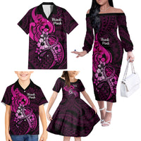 Polynesia Breast Cancer Awareness Family Matching Off Shoulder Long Sleeve Dress and Hawaiian Shirt Think Pink Polynesian Ribbon Black Version LT14 - Polynesian Pride