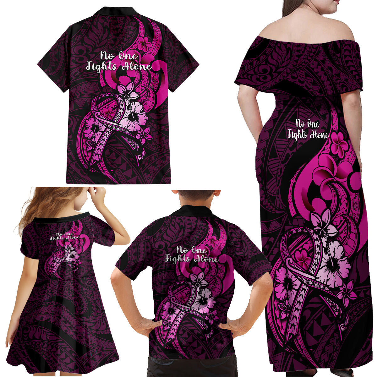 Polynesia Breast Cancer Awareness Family Matching Off Shoulder Long Sleeve Dress and Hawaiian Shirt Think Pink Polynesian Ribbon Black Version LT14 - Polynesian Pride